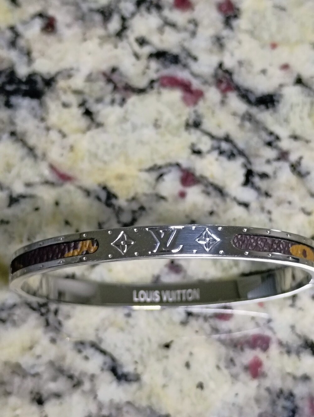 New Silver Bangle with Brown Monogram Inlay